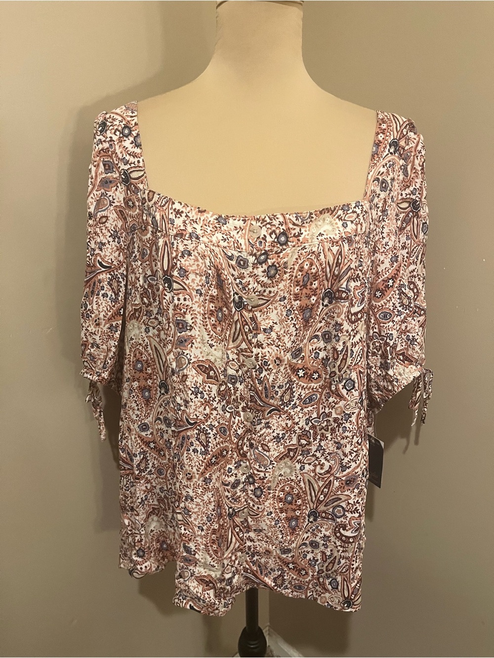 NWT Angels Paisley Square Neck Blouse in Cream, Pink &  Blue, size 3X